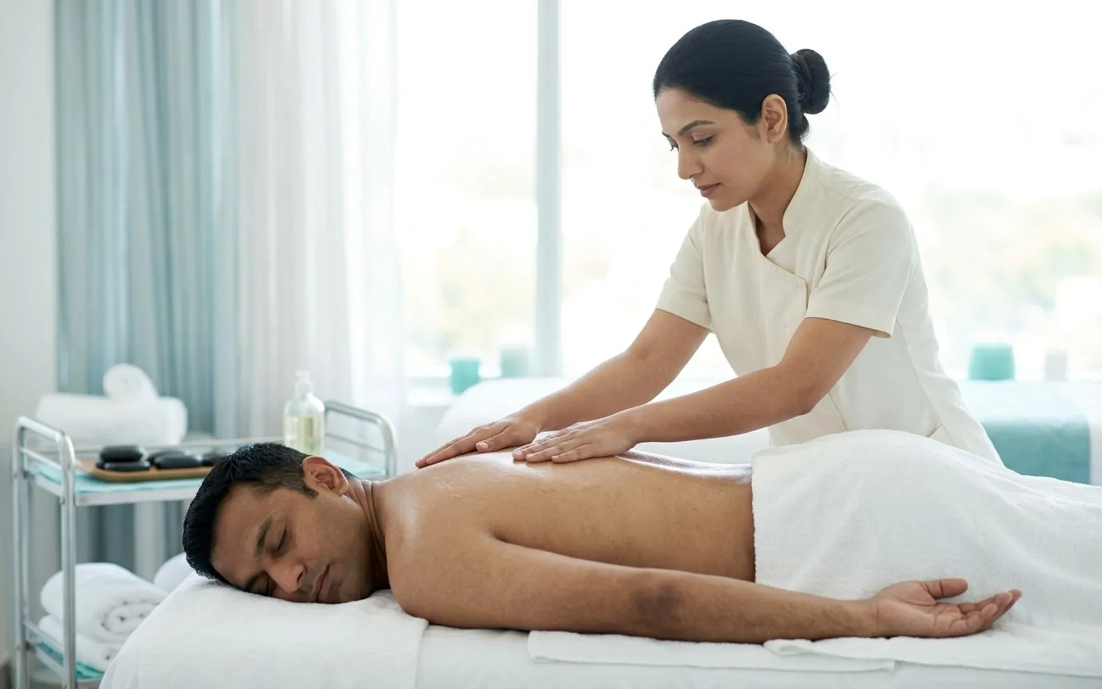 Massage therapist applying oil to the back of a client in a bright treatment room