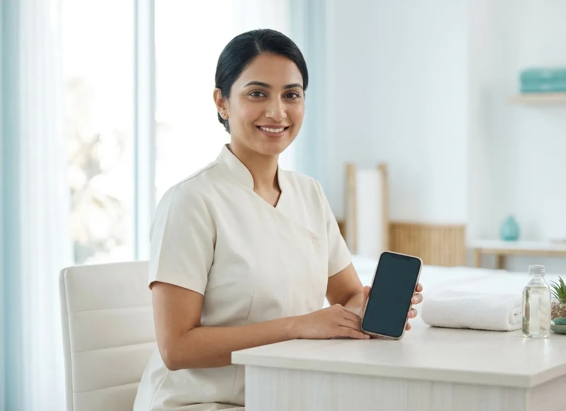 Spa host at the desk holding a phone, with a folded towel and oil bottle beside her