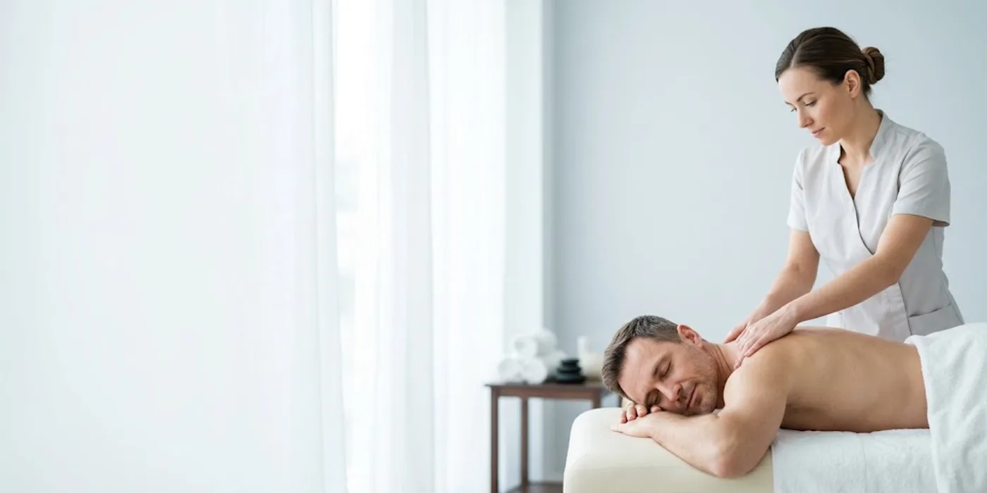 Female massage therapist massaging the back of a relaxed client in a bright treatment room