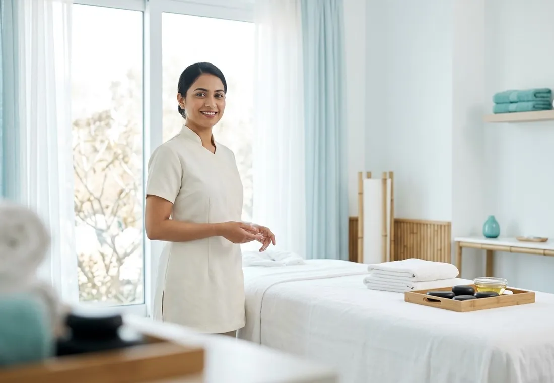 Spa host standing in a bright private treatment room with a made massage bed