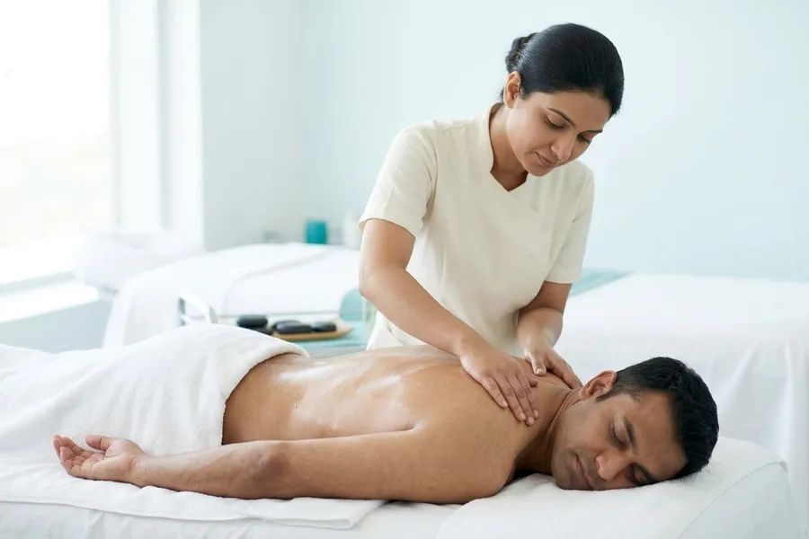 Massage therapist working along the back of a client resting under a towel