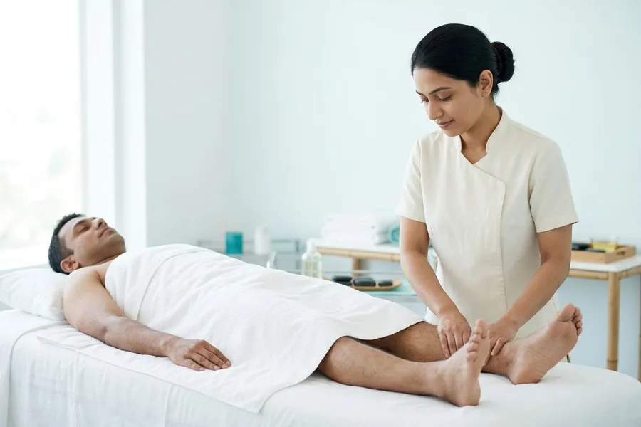 Massage therapist massaging the lower leg of a client lying on a treatment bed