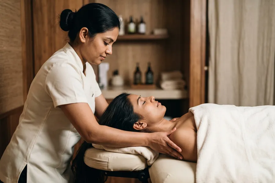Massage therapist easing the neck and shoulder of a client resting under a towel