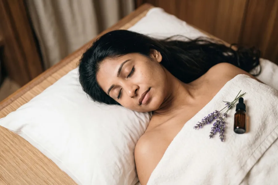 Client asleep on a white pillow with lavender and an aroma oil bottle beside her