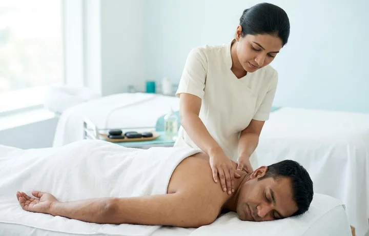 Therapist working on the upper back and neck of a client
