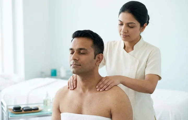 Therapist with her hands on the shoulders of a seated client